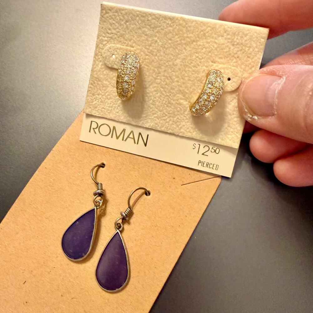 Laurel Burch Purple Enamel Earrings & Roman Hoop Earrings - Picture 3 of 8